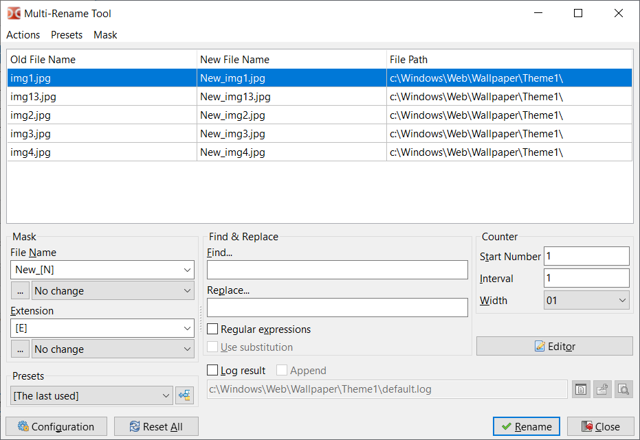 Double Commander multi-rename tool for batch file renaming